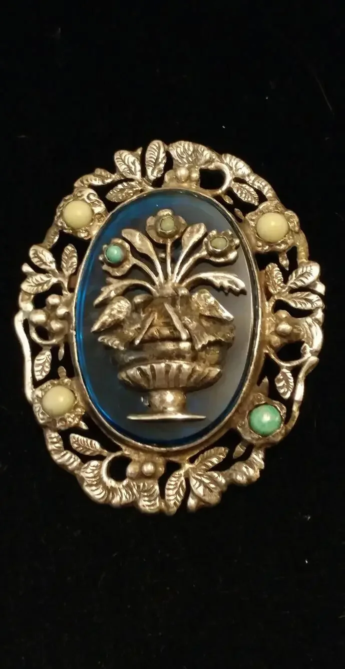 Old Mexican Silver Turquoise Planter Brooch Figural Doves Love Birds Pre 1970's